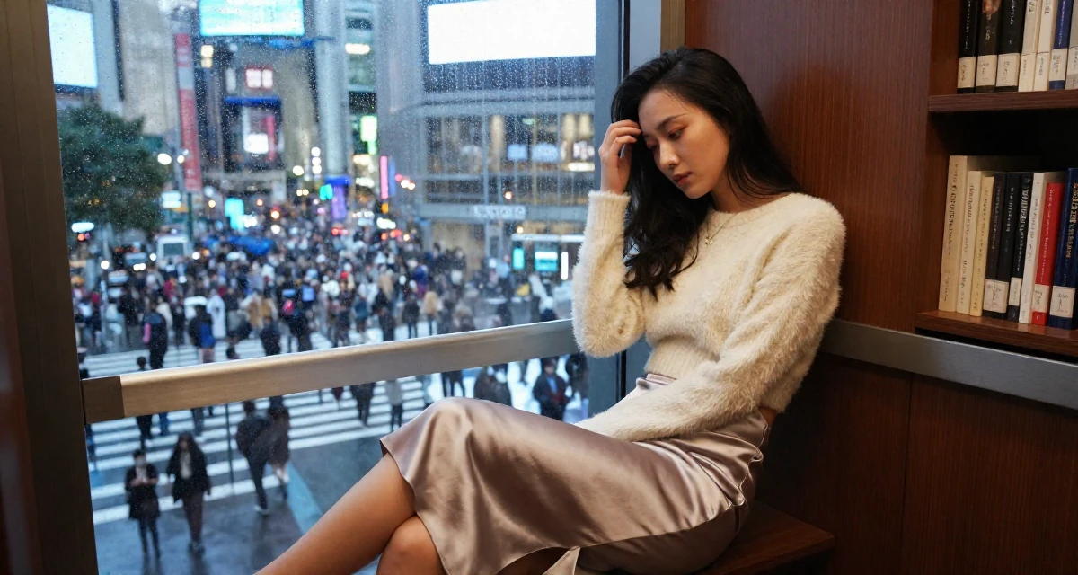 A distracted Female From Wuhan China, studied marketing and communications in their 25, demanding respect in professional settings, wearing a satin midi skirt and a fuzzy cropped sweater, pushing hair from face in a elevator hall.