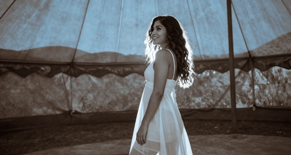 A radiant Female From Arabic-speaking world, majored in health administration in their 20, living entirely for the aesthetic of the moment, wearing a semi-sheer white sundress backlit by the sun, shivering slightly in a circus tent interior.
