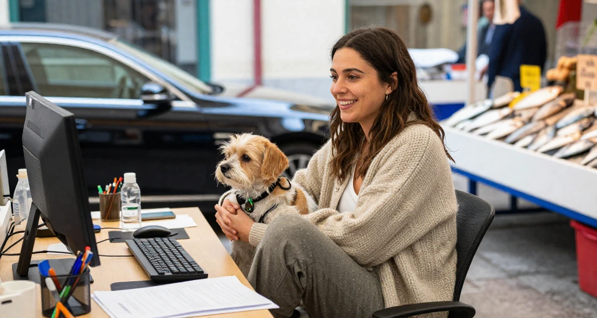 A hopeful Female Born in Greece, majored in content creation & storytelling in their 34, creating content about pet care and training, wearing a cozy knit cardigan and slacks, glancing over the shoulder in a messy desk.