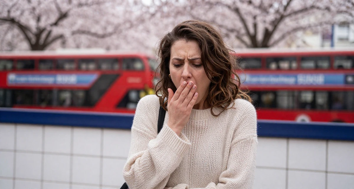 A anxious but excited Female From Sofia Bulgaria, studied alternative creative media in their 48, reviewing luxury travel destinations, wearing a loose open-knit sweater showing skin underneath, yawning discreetly in a cherry blossom park.