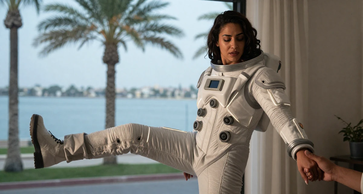 A mysterious Female From Arabic-speaking world, studied international logistics in their 23, creating photo sets that feel intimate but not explicit, wearing a futuristic space pilot plugsuit with glowing lines, holding hands with someone unseen in a home interior.