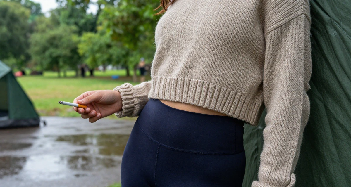 A open and honest Female From Uruguay, studied anthropology in their 25, discovering passions through extracurricular activities, wearing a cropped knitted sweater and form-fitting yoga pants, holding a cigarette (lit or unlit) in a camping site.