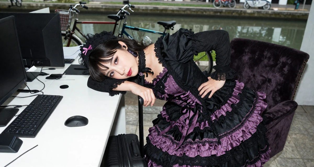 A dignified Female From Bolivia, based in Santa Cruz, graduated from a media academy majoring in creative strategy in their 24, hitting creative block but needing income anyway, wearing a elaborate gothic lolita dress with frills and lace, pulling a suitcase in a messy desk.