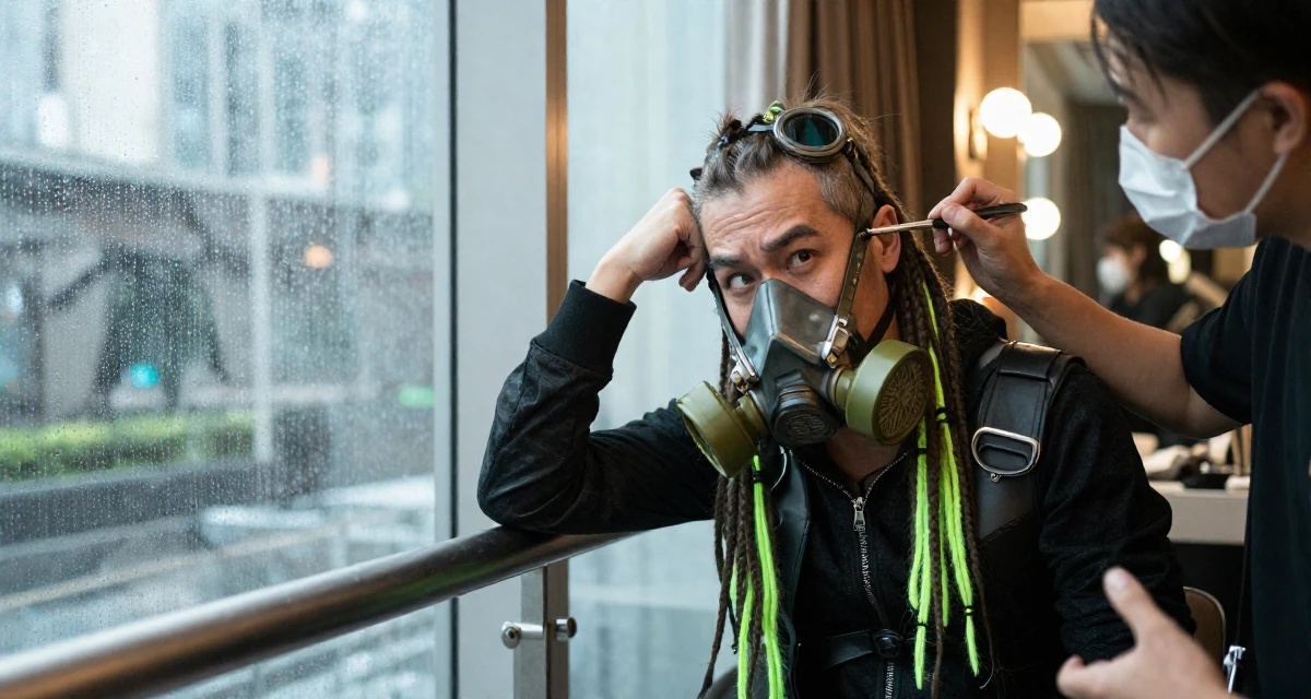 A amused male From Macau, learned performance makeup from casino backstage crews in their 44, sharing high-end skincare routines for aging, wearing a cyber-goth outfit with gas mask and neon dreads, scratching the head in confusion in a rainy window seat.
