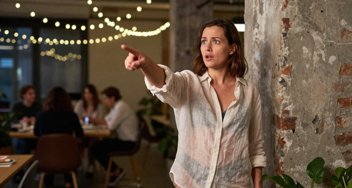 A awestruck Female From Stockholm Sweden, holds a degree in product design in their 28, saving aggressively for first home, wearing a translucent linen shirt worn over a swimsuit, pointing at something nearby in a busy coworking space.