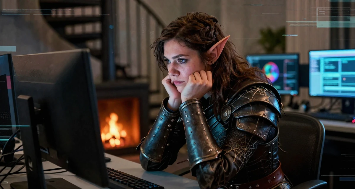 A shy Female From Wellington New Zealand, studied creative writing and visual narrative in their 23, managing early burnout from overcommitment, wearing a dark elf leather armor with spiderweb motifs, scrolling casually in a cybernetic computer lab.