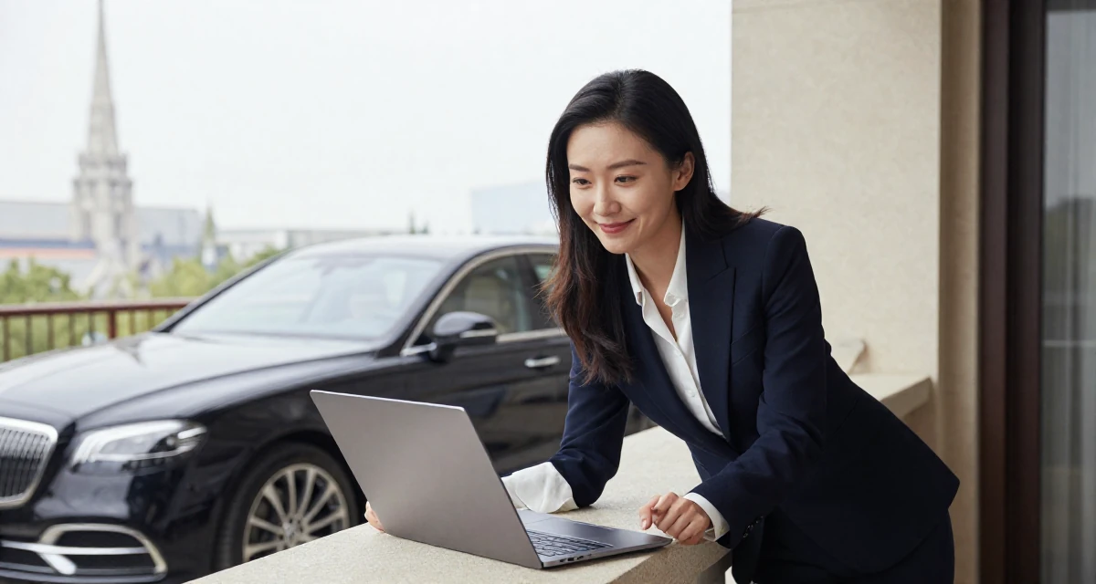 A amused Female From China, holds a degree in human resource management in their 33, documenting a cross-country road trip, wearing a sharp business casual attire, holding a laptop in a luxury penthouse balcony.