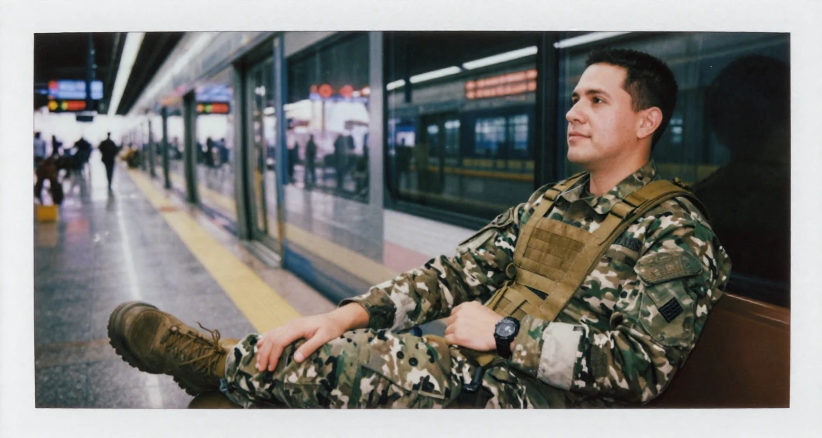 A serene male From Colombia, has a background in performing arts in their 39, sharing stories of resilience and growth, wearing a commando outfit with camouflage paint and tactical harness, tapping a foot in a train platform.