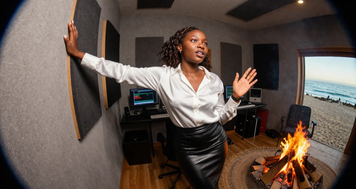A lazy Female From Zimbabwe, studied computer programming in their 24, exploring unconventional career paths, wearing a white silk shirt tucked into a leather pencil skirt, gesturing while talking in a music studio.