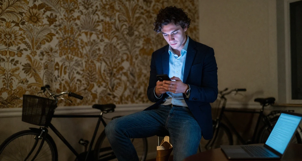 A mellow male From Paris France, majored in cultural studies in their 24, analyzing long-term compatibility in dating, wearing a business casual outfit with jeans and a blazer, dangling a shoe from one foot in a home interior.