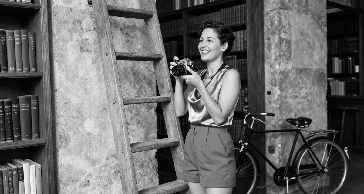 A triumphant Female From Germany, studied industrial design at a technical college in their 60, rediscovering passions, wearing a satin cowl neck top and tailored shorts, holding a camera in a old library with wooden ladders.