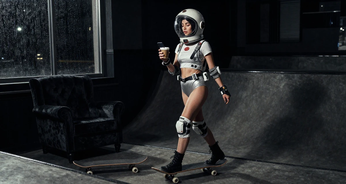 A sleepy Female Former Uber driver, now building slow-burn lifestyle storytelling in their 20, fueled by caffeine and late-night ambition, wearing a retro sci-fi space girl outfit with a bubble helmet, checking a notification on a phone in a skate park.