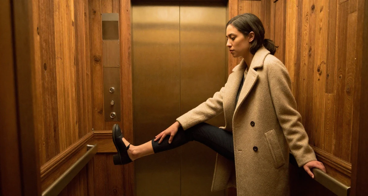 A steady Female From USA, studied screenwriting in Los Angeles in their 29, trying to plan a future with unpredictable income, wearing a elegant woolen coat styling, tapping a foot rhythmically in a elevator hall.