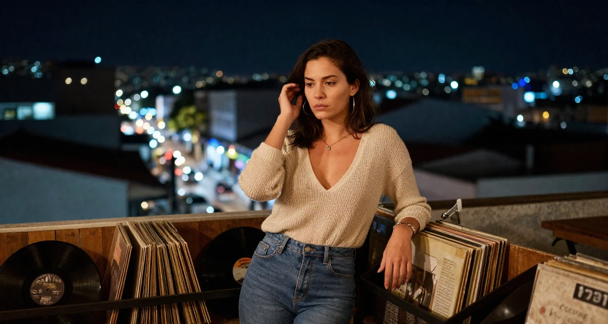 A guarded Female From Panama, majored in media production in their 21, embracing a carefree bohemian lifestyle, wearing a plunging v-neck sweater and skinny jeans, tucking hair behind an ear in a cozy café.