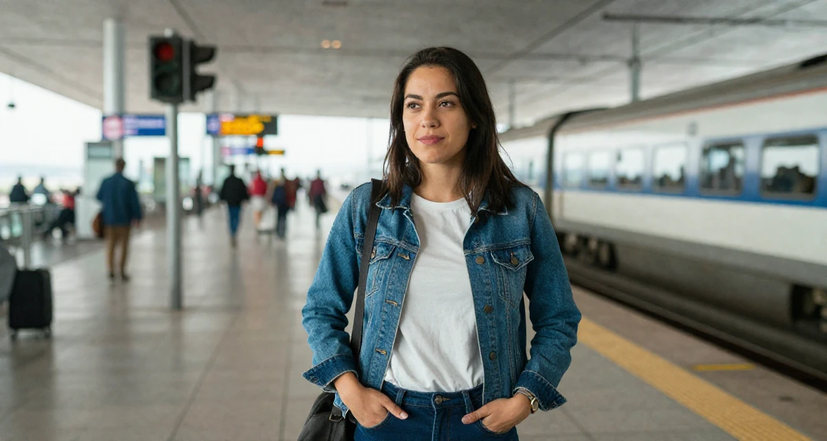 A victorious Female Raised in Peru, studied advertising management in their 21, feeling lonely despite being constantly online, wearing a classic denim jacket and white tee, waiting for a light to change in a airport terminal.