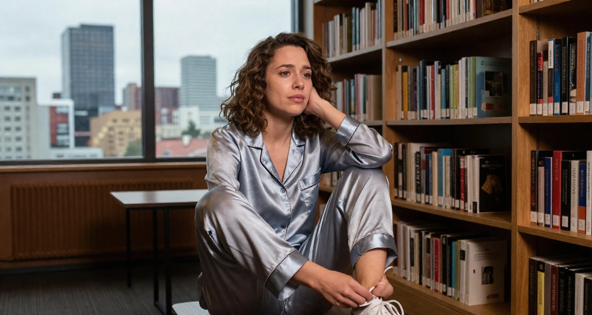 A serene Female From Gothenburg Sweden, studied sustainable development in their 25, dealing with nervousness before posting first video, wearing a satin pajamas set with the top unbuttoned, tying a shoelace in a cinema lobby.