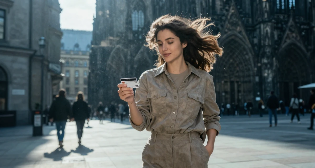 A sincere Female Once a freelance translator, now exploring multilingual creator content in their 23, embracing flirtatious storytelling in creative sets, wearing a muted earth-tone clothing set, holding a subway card in a pedestrian plaza.
