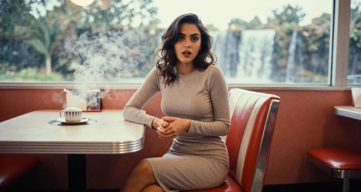 A wild Female Previously a corporate HR specialist, now a digital intimacy coach in their 22, determined to prove their worth quickly, wearing a long-sleeve bodycon midi dress in neutral tones, clasping hands together in a retro 50s diner.