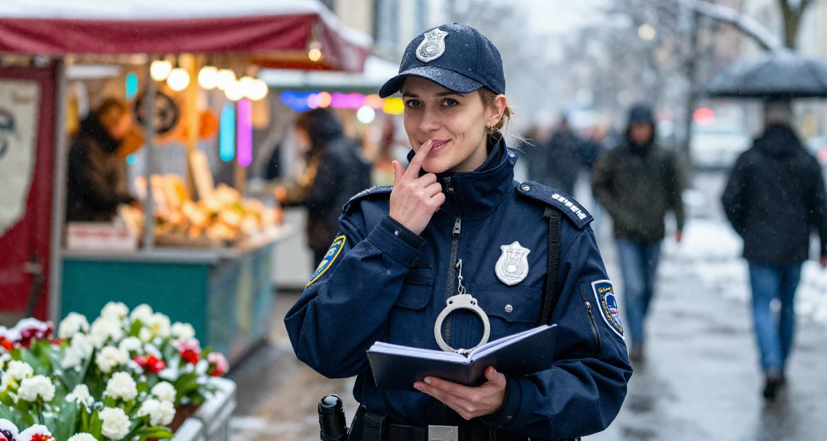 A radiant Female From Germany, studied information engineering in their 31, finding joy in small daily rituals, wearing a police officer uniform with a badge and handcuffs, holding a notebook in a snowy sidewalk.