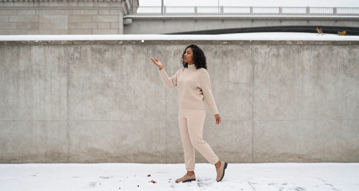 A mysterious Female Raised in Kenya, studied digital entrepreneurship in their 29, battling algorithm changes that destroy momentum, wearing a monochromatic beige outfit with a knit top and trousers, catching a falling flower petal in a snowy sidewalk.