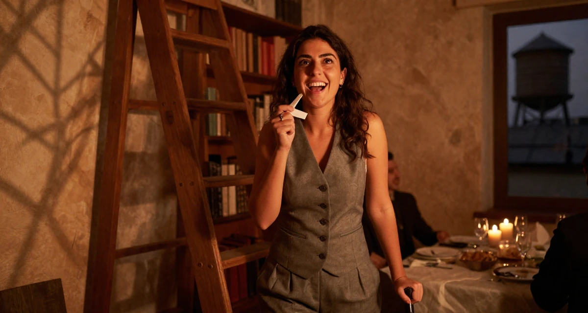 A triumphant Female From Lebanon, majored in digital journalism in their 22, facing early rejection and learning from it, wearing a grey vest and matching trousers outfit, gripping a lapel in a old library with wooden ladders.