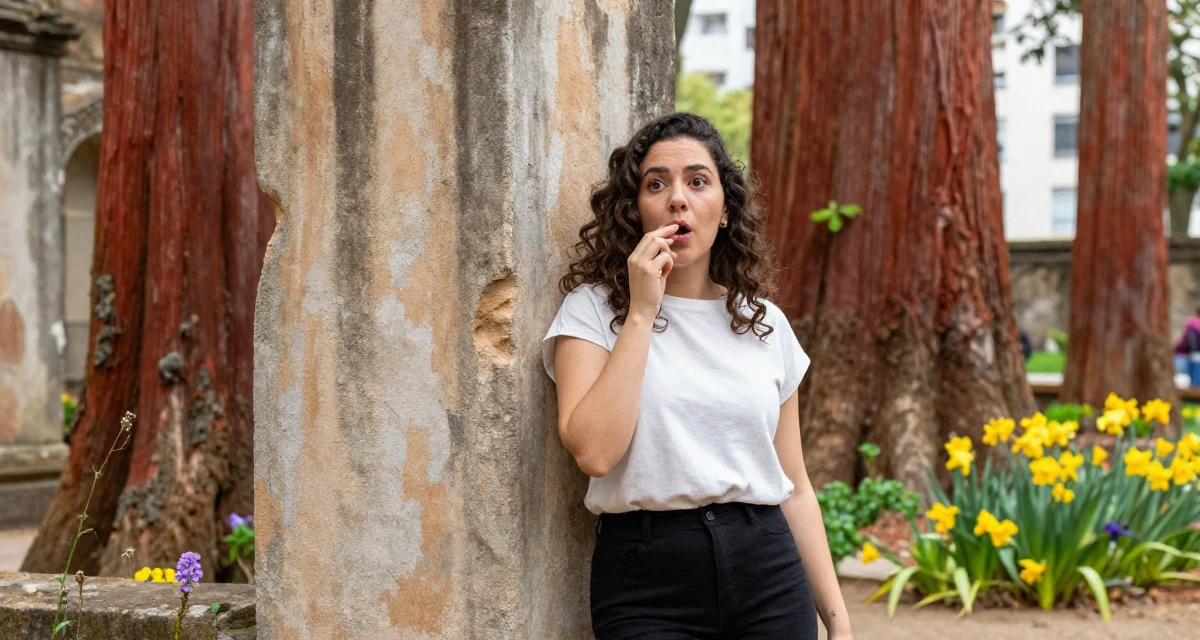 A surprised Female From Brazil, based in Rio de Janeiro, graduated from an arts academy majoring in performance aesthetics in their 39, recently moved to a new city, wearing a minimalist Scandinavian style, humming a tune visually in a ancient stone ruins.
