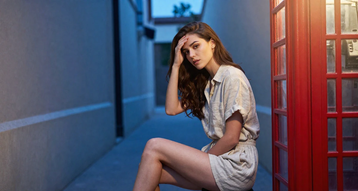 A assured Female Once a gamer girl streamer, now expanding into lifestyle creator work in their 22, comparing growth with other creators and feeling pressure, wearing a short romper made of soft linen fabric, resting a hand on the forehead in a narrow hallway.