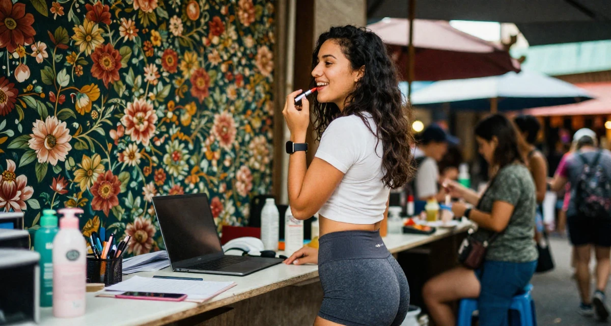 A delighted Female Previously a hairstylist, now showcasing transformation-driven content in their 22, adjusting to the 9-to-5 routine after college, wearing a cropped gym top and high-cut running shorts, applying lipstick in a bustling market.