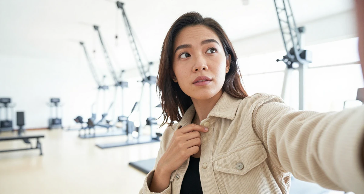 A alert and attentive Female From Manila Philippines, studied mass communication in their 23, exploring flirtatious selfies that feel natural, wearing a soft texture corduroy jacket, adjusting a collar in a gym interior.