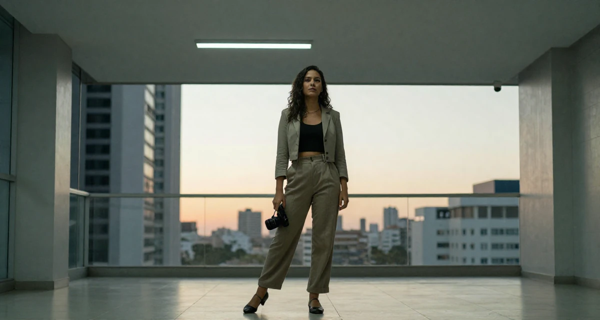 A nostalgic Female From Brazil, based in Curitiba, graduated from a regional college majoring in advertising design in their 30, exploring minimalism and intentional living, wearing a cropped business jacket and high-waisted pants, holding a camera in a modern skyscraper lobby.