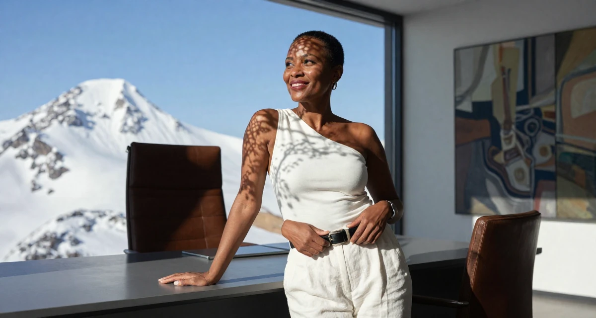 A positive Female From Mozambique, studied environmental science in their 40, inspiring others to chase dreams at any age, wearing a one-shoulder fitted top and white linen trousers, adjusting a belt in a snowy mountain peak.