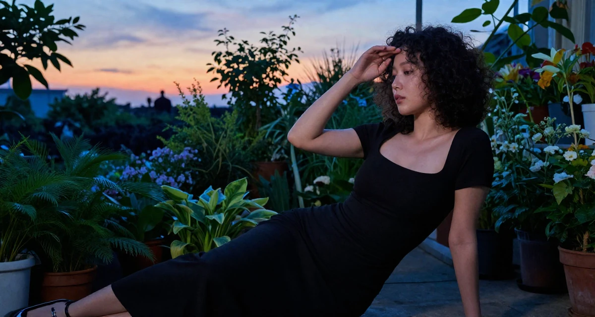 A calm and confident Female From South Korea, based in Jeju, graduated from a fashion school majoring in body language aesthetics in their 30, knowing the hustle is hard but quitting feels worse, wearing a fitted black dress with a square neckline, resting a hand on the forehead in a flower shop.