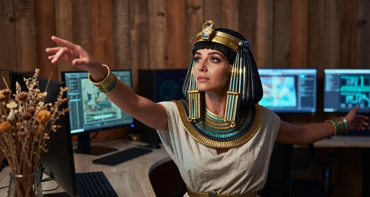 A soulful Female From Tampere Finland, majored in game development in their 41, rebuilding confidence after job loss, wearing a egyptian queen costume with gold collar and linen, stretching arms in a cybernetic computer lab.