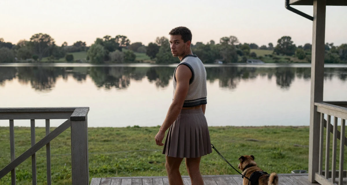A seriously concentrated male From Mozambique, studied environmental science in their 24, embracing weekends of solitude and rest, wearing a cropped sweater vest and a pleated mini skirt, walking a dog (leash visible) in a front porch.