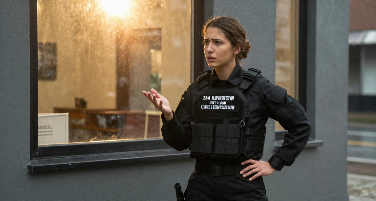 A stressed Female From United States, studied civil service management in their 24, forming long-term goals for the first time, wearing a special forces tactical suit in matte black, gesturing while talking in a rainy street corner.