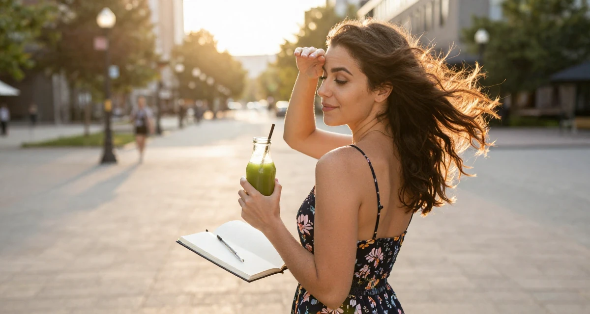 A lighthearted Female From Canada, based in Montreal, graduated from a design program majoring in intimate visual arts in their 24, wearing activewear and holding a green juice, wearing a backless summer sundress in a floral print, shading eyes with a hand in a pedestrian plaza.