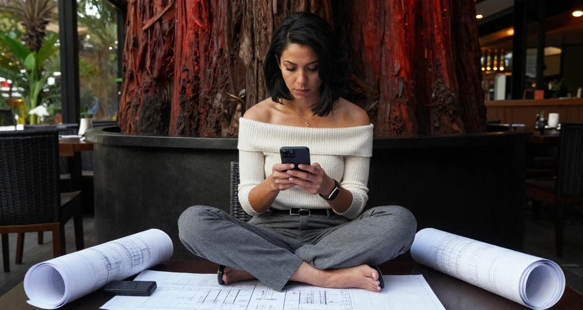 A reflective Female Once a junior bar worker, now a nightlife-themed creator in their 40, focusing on legacy and long-term wealth, wearing a off-the-shoulder knit top and dress pants, reading a text message in a high-end restaurant.