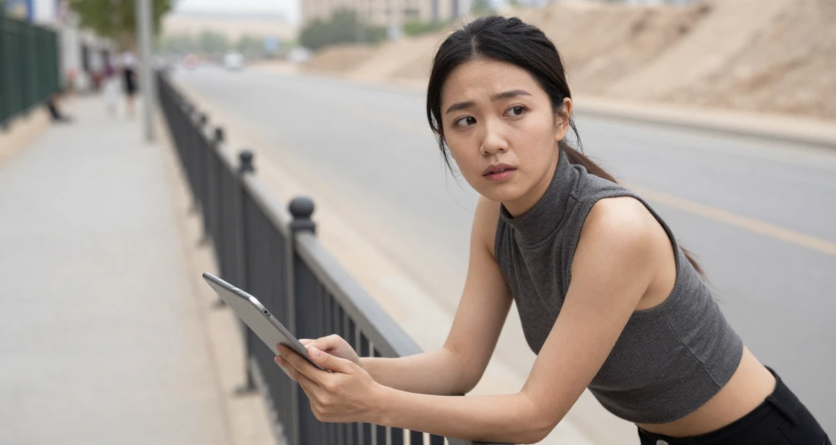 A longing Female From China, holds a degree in human resource management in their 26, learning that trends shift faster than energy can keep up, wearing a high-neck sleeveless crop top showing toned arms, holding a tablet device in a city sidewalk.