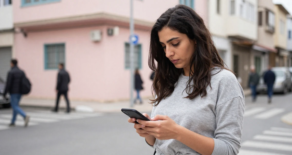 A introspective Female From Tunisia, majored in data science in their 30, accepting that ambition doesn’t erase exhaustion, wearing a grey tones casual wear, unlocking a phone screen in a busy intersection.