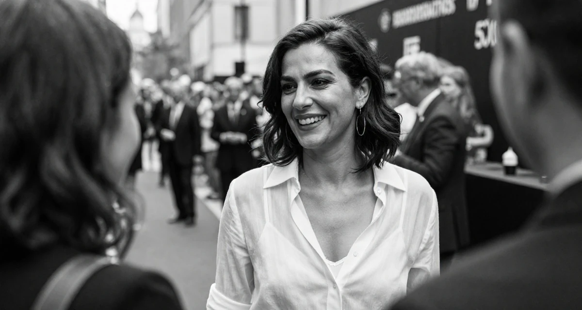 A magnetic Female Former Uber driver, now building slow-burn lifestyle storytelling in their 50, golden jubilee celebration of life, wearing a sheer white blouse with a delicate camisole underneath, smiling at a stranger in a red carpet event.