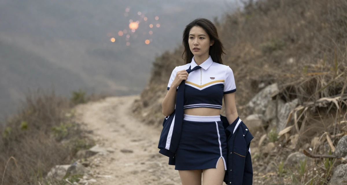 A lonely Female Once a biology teacher, now exploring artistic movement expression in their 22, learning workplace expectations and boundaries, wearing a race queen outfit with a zipper front and mini skirt, playing with a tie in a mountain trail.