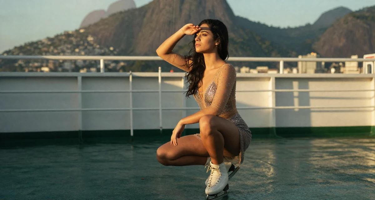 A guarded Female From Brazil, based in Rio de Janeiro, graduated from an arts academy majoring in performance aesthetics in their 23, figuring out how to show confidence through body language, wearing a ice skater sparkly dress with sheer sleeves, shading eyes from the sun in a ferry deck.