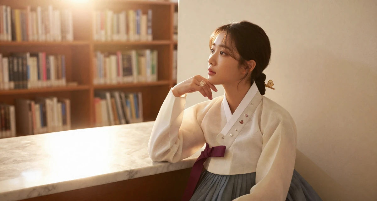 A dreamy Female From South Korea, based in Busan, graduated from a design institute majoring in visual communication in their 24, curating a specific high-end lifestyle, wearing a traditional hanbok modified for a modern look, playing with a ring on a finger in a quiet library corner.