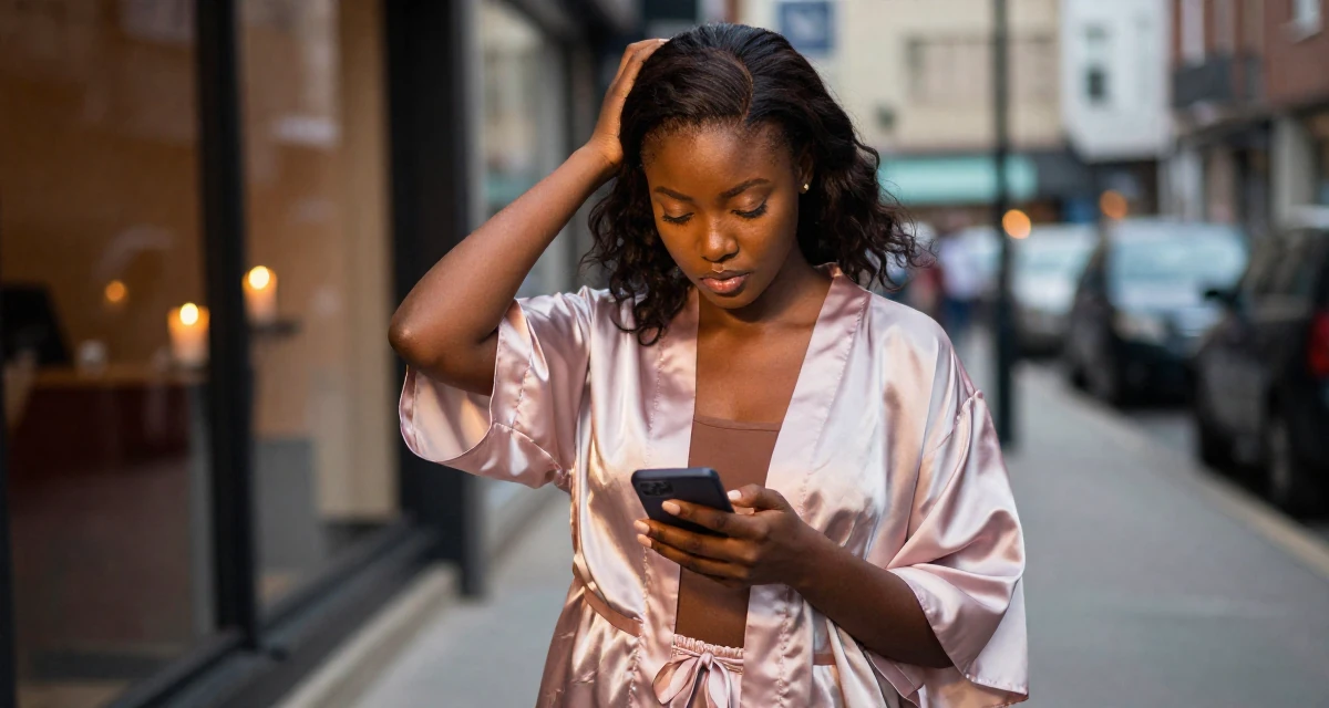 A warmhearted Female From Nigeria, studied biomedical science in their 22, comparing growth with other creators and feeling pressure, wearing a silky kimono robe worn open over loungewear, checking a notification on a phone in a urban street.