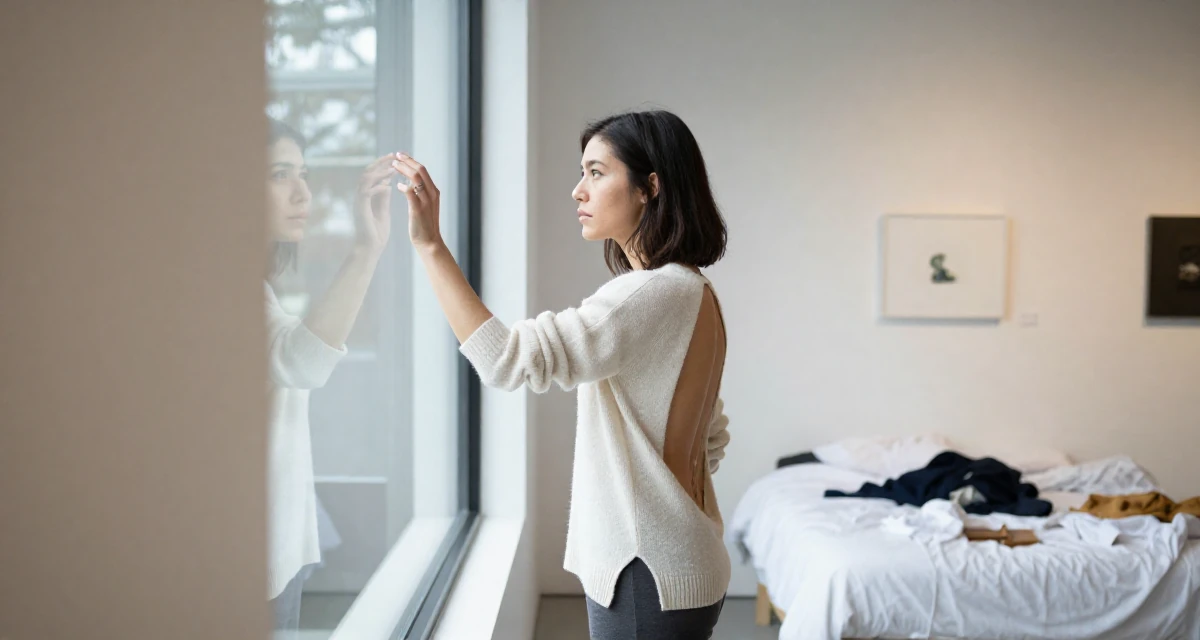 A intense Female From Vancouver Canada, trained in natural light portraiture in their 23, balancing risk-taking with stability needs, wearing a open-back sweater showing the spine, checking a reflection in a window in a art gallery hall.
