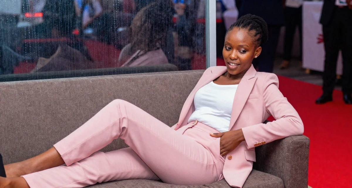 A charismatic Female From Mombasa Kenya, studied hospitality in their 22, building early digital portfolios, wearing a tailored pantsuit in pastel pink with a white top, sliding a hand into a pocket in a red carpet event.