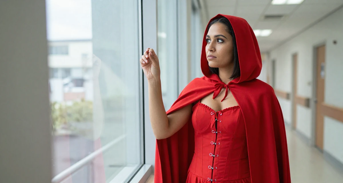 A aloof but intriguing Female From South Africa, studied journalism in their 31, navigating the balance between career and new motherhood, wearing a red riding hood inspired cape and corset dress, picking something up in a hospital corridor.