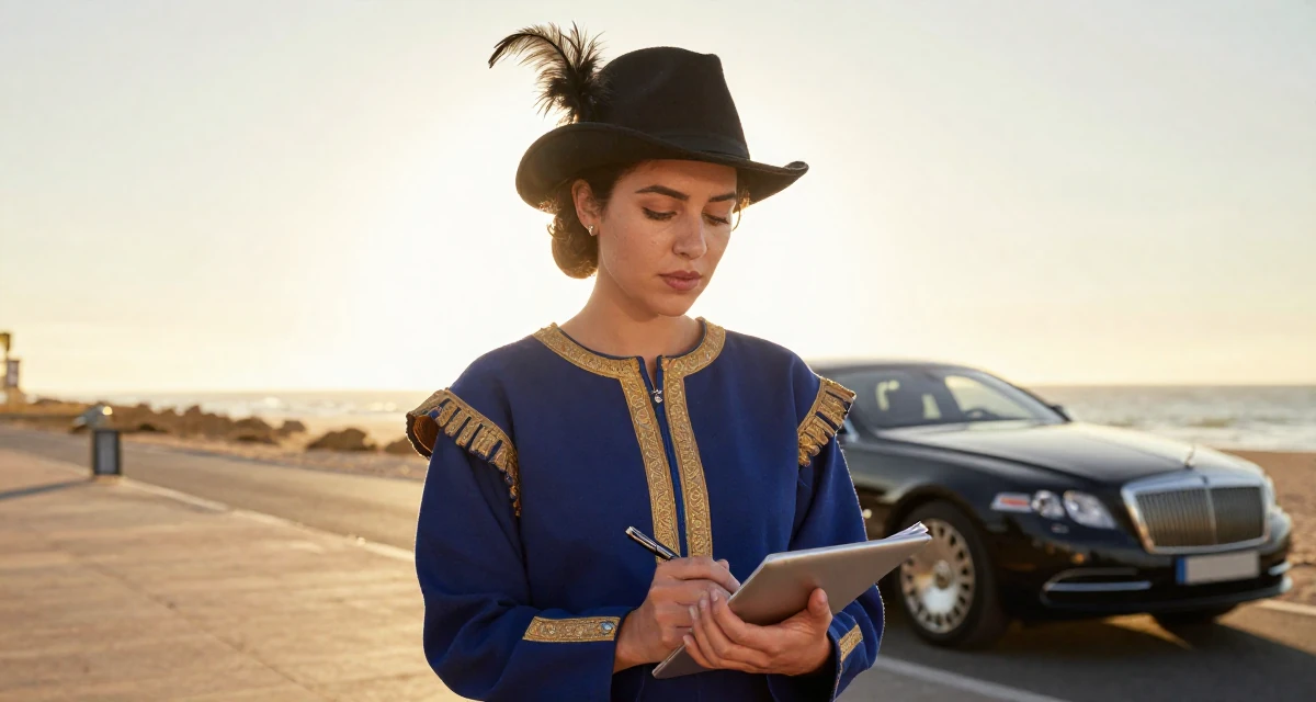 A fragile Female Born in South Africa, studied political communication in their 25, exploring creativity online, wearing a royal musketeer tunic with a feathered hat, holding a pen poised to write in a beach promenade.