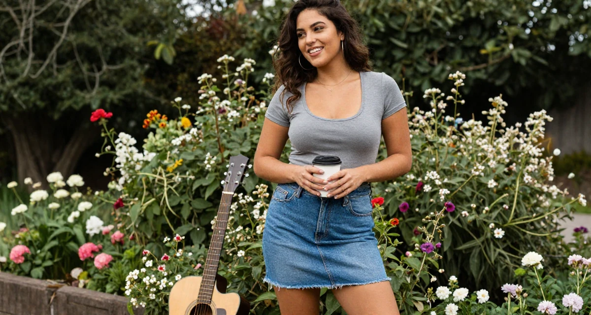 A joyful Female Born in New Zealand, studied creative media production in their 23, exploring feminine power through suggestive styling, wearing a fitted scoop neck tee and a denim mini skirt, holding a coffee cup with both hands in a blooming flower garden.