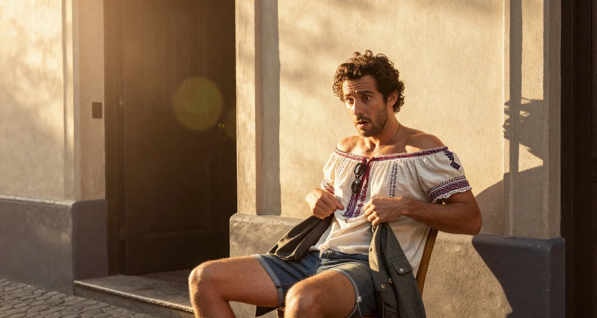 A stunned male From Argentina, based in Rosario, graduated from a national university majoring in audiovisual production in their 47, solo traveler exploring the world in luxury, wearing a boho style off-shoulder peasant top and shorts, putting on a jacket in a cinema entrance.